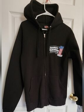 Harley-Davidson Black Hoodie with Blue, Red & White Shield Graphic